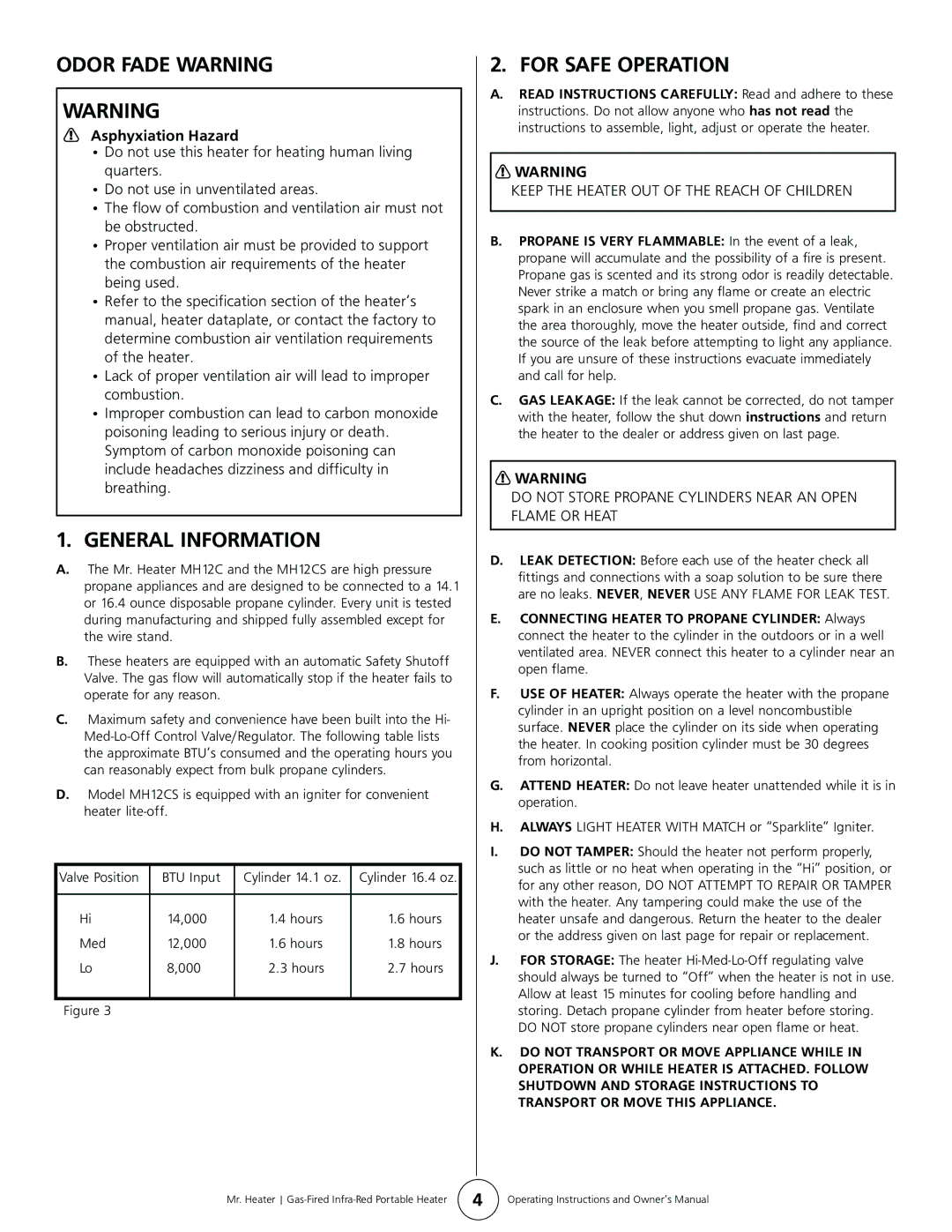 Enerco MH12CS owner manual Odor Fade Warning, General Information, For Safe Operation 