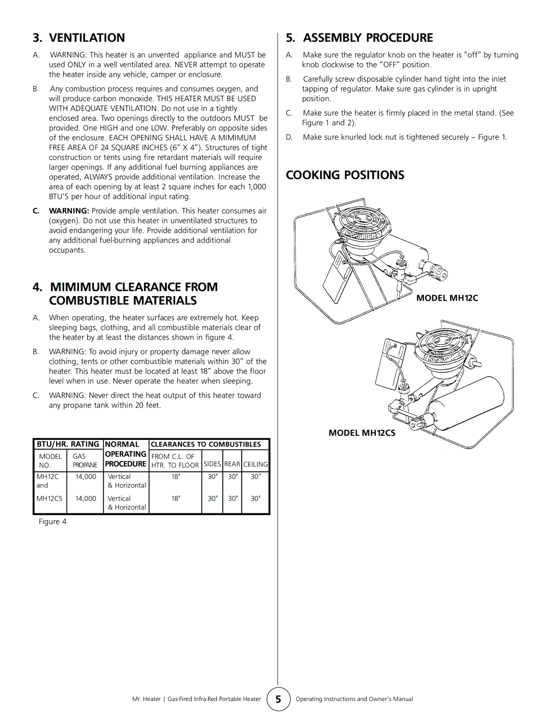 Enerco owner manual Ventilation, Assembly Procedure, Cooking Positions, Model MH12C Model MH12CS, BTU/HR. Rating Normal 