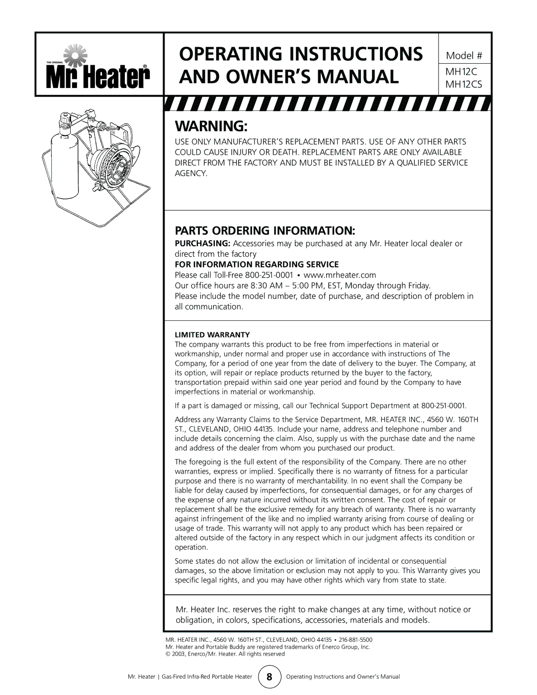 Enerco MH12CS owner manual Parts Ordering Information, For Information Regarding Service, Limited Warranty 