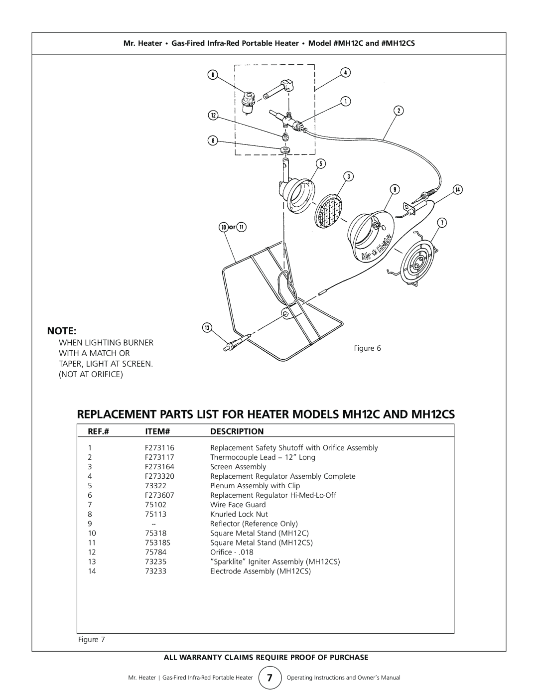 Enerco MH12CS owner manual When Lighting Burner, Ref.#, Item#, Description 
