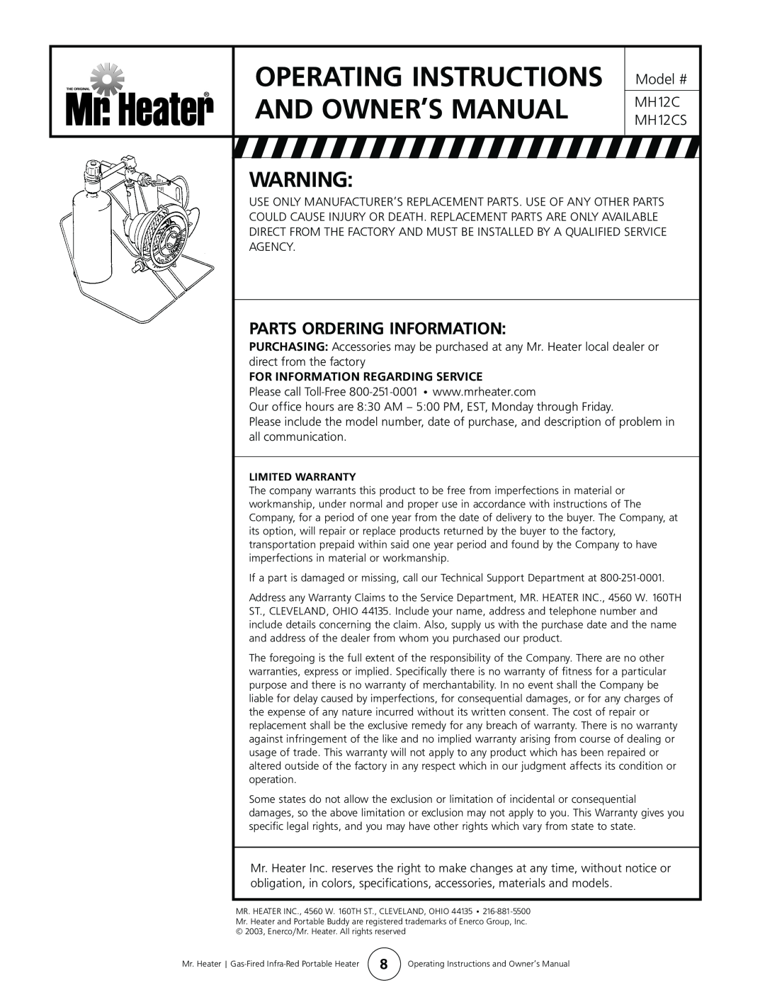 Enerco MH12CS owner manual Parts Ordering Information, For Information Regarding Service 