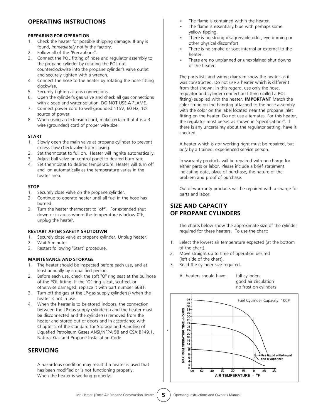 Enerco MH170FAVT owner manual Operating Instructions, Servicing, Size and Capacity Propane Cylinders 