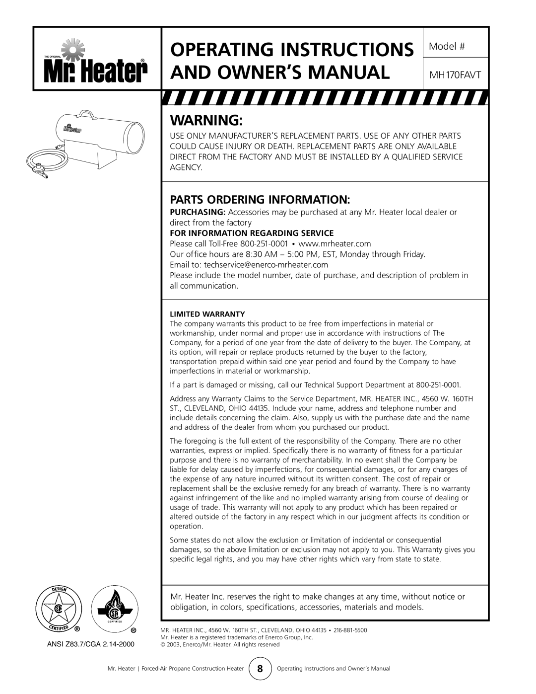 Enerco MH170FAVT owner manual Parts Ordering Information, Direct from the factory, Email to techservice@enerco-mrheater.com 