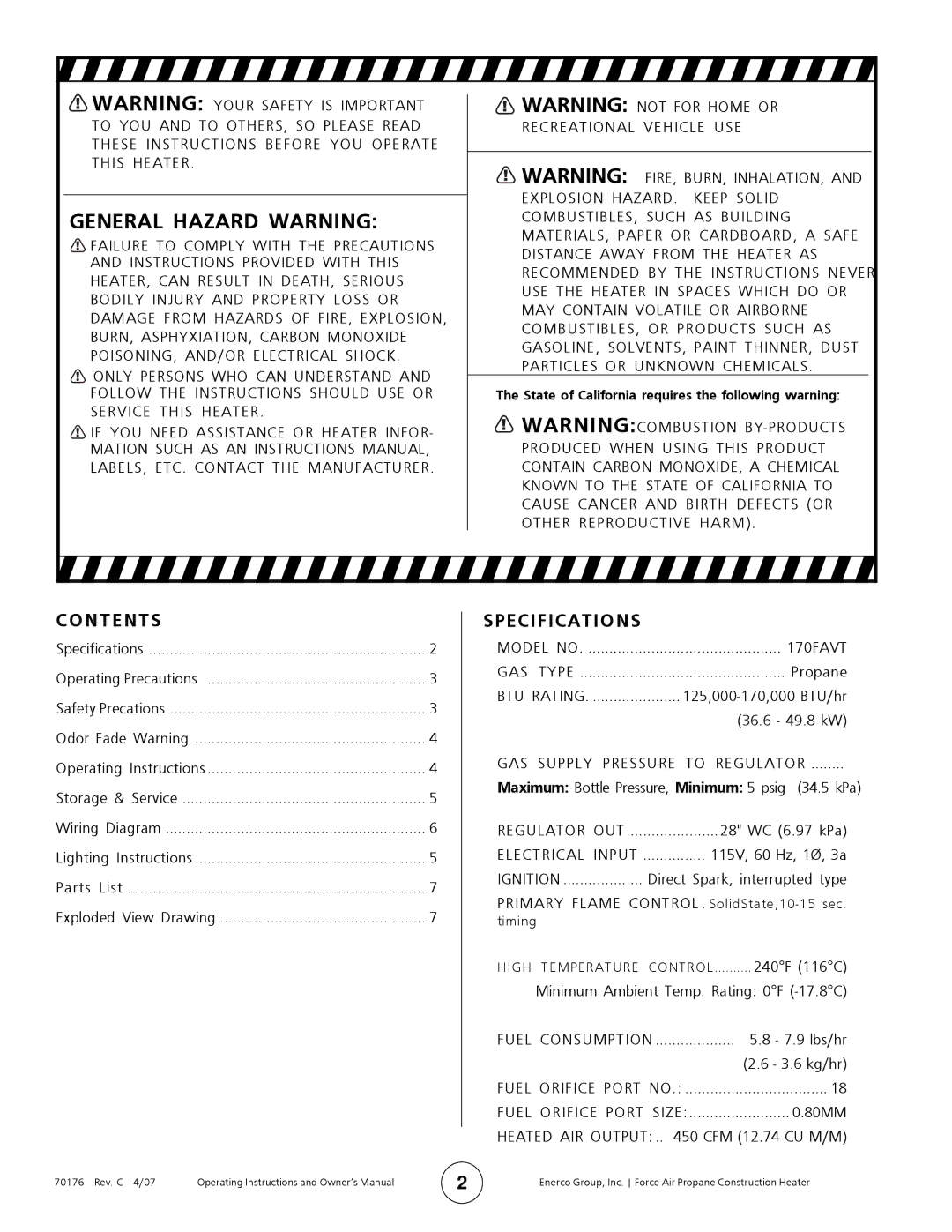 Enerco MH170FAVT operating instructions General Hazard Warning, Contents, Specifications 