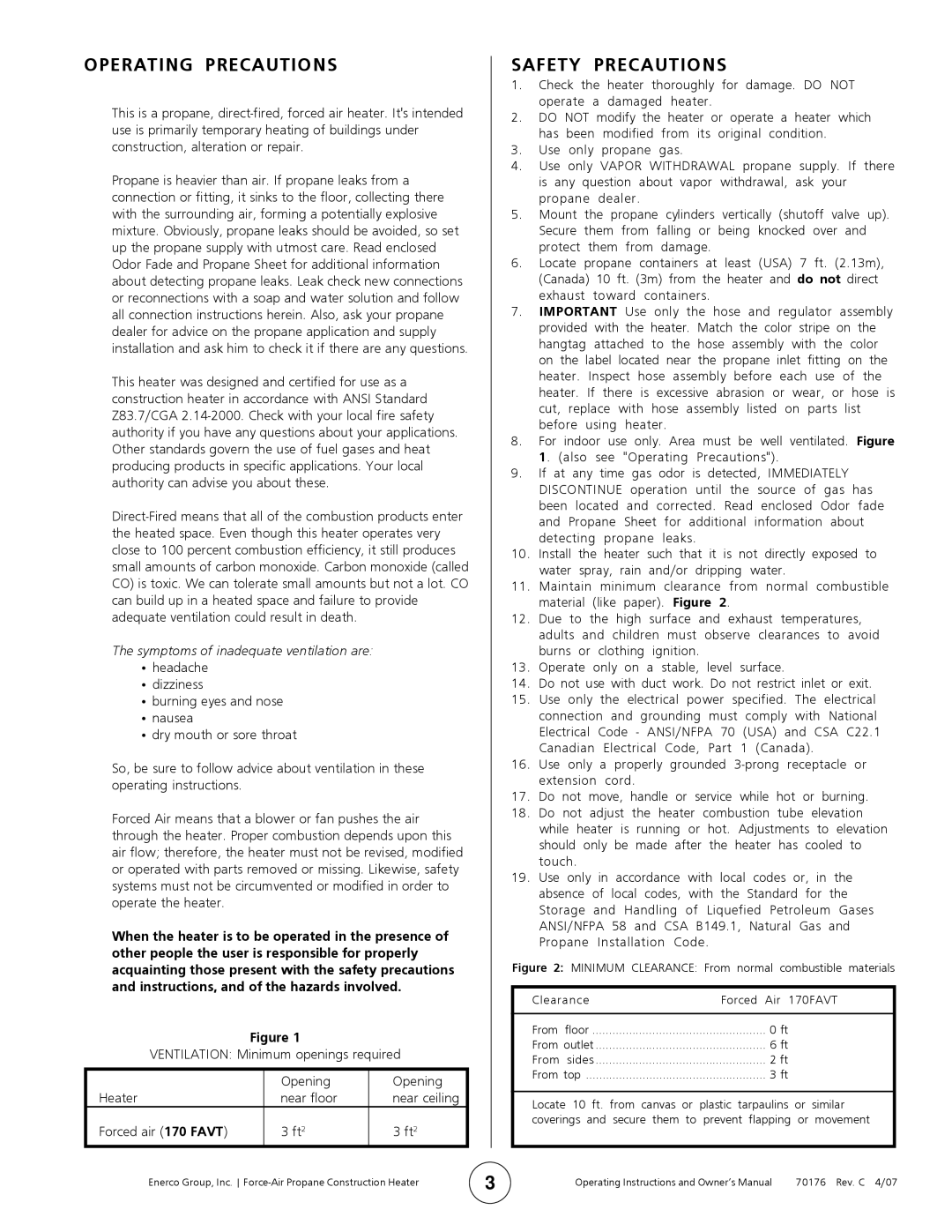 Enerco MH170FAVT operating instructions Operating Precautions, Safety Precautions 