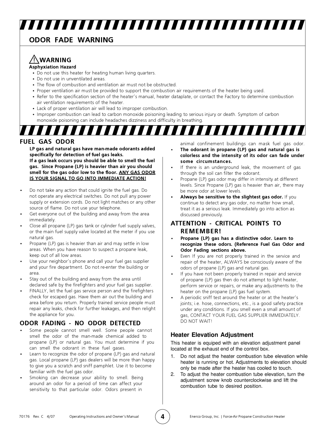 Enerco MH170FAVT operating instructions Odor Fade Warning, Fuel GAS Odor, Odor Fading no Odor Detected 