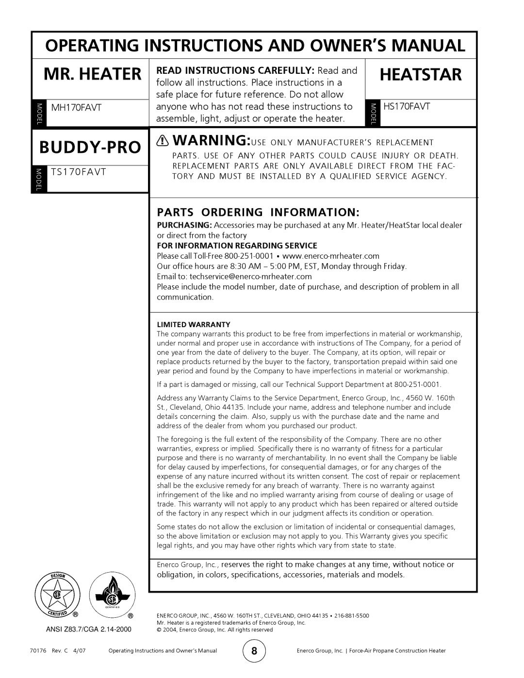 Enerco MH170FAVT operating instructions Heatstar, Parts Ordering Information 