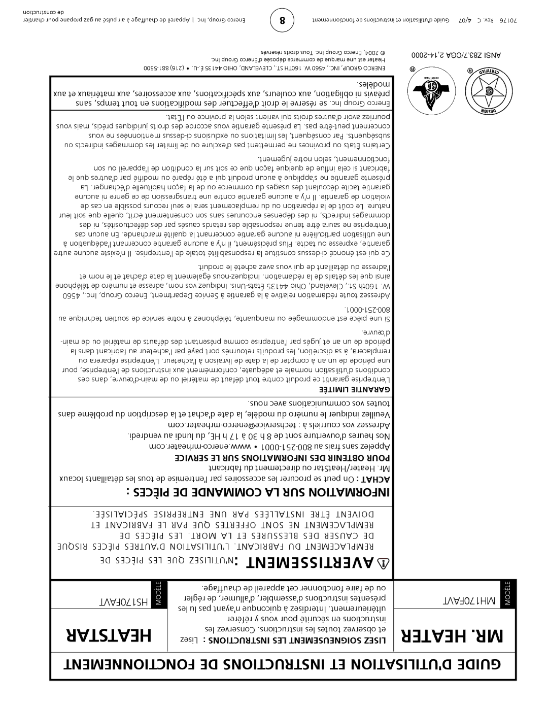 Enerco MH170FAVT operating instructions Heater .MR 