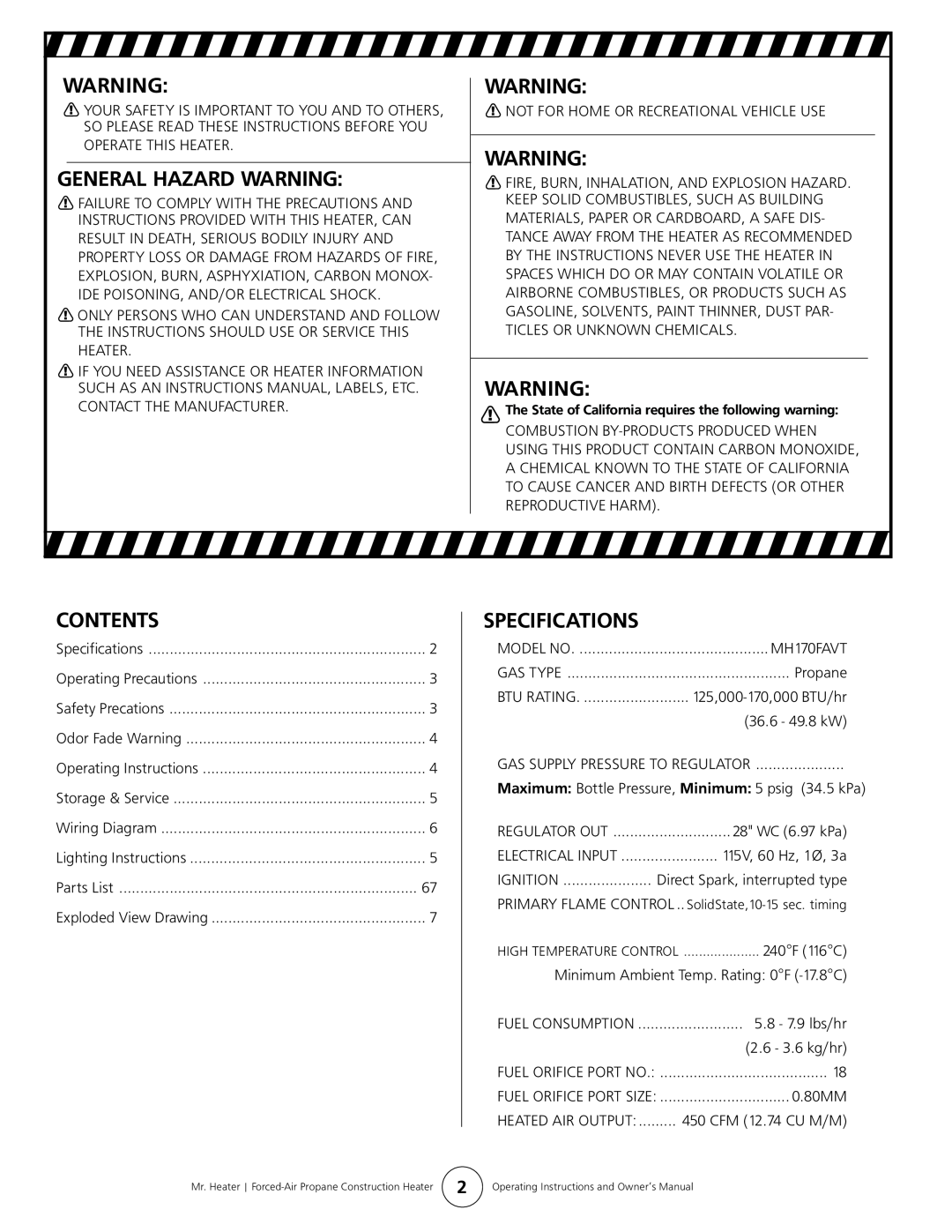 Enerco MH170FAVT owner manual General Hazard Warning, Contents, Specifications 
