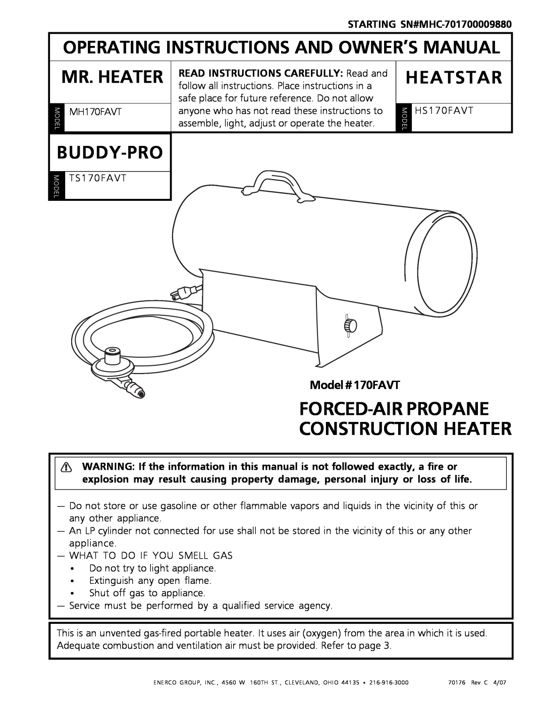 Enerco owner manual Model - MH170FAVT, Forced-Airpropane Construction Heater 