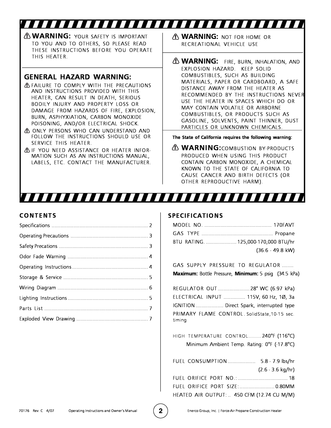 Enerco MH170FAVT operating instructions General Hazard Warning, Contents, Specifications 