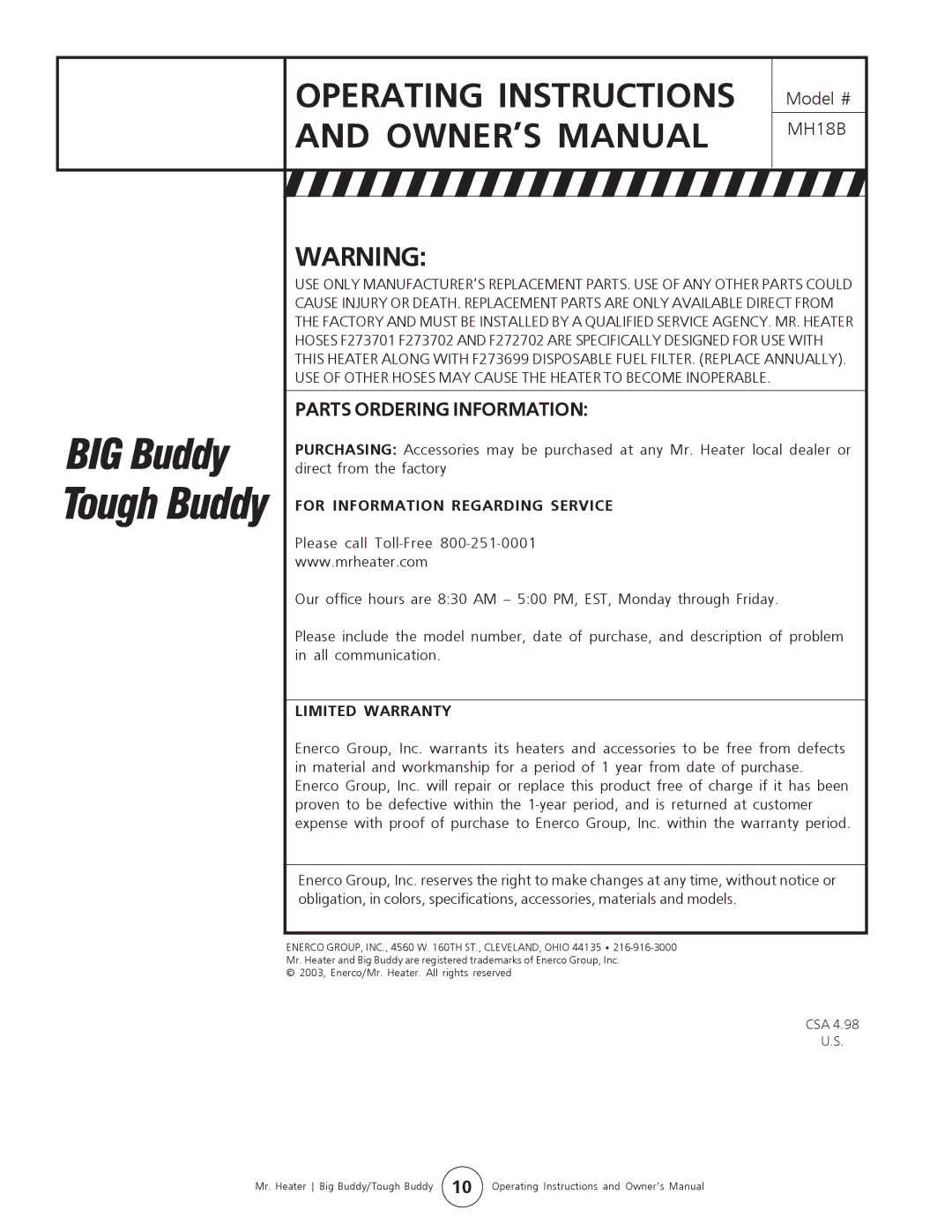 Enerco MH18B operating instructions Parts Ordering Information, For Information Regarding Service, Limited Warranty 