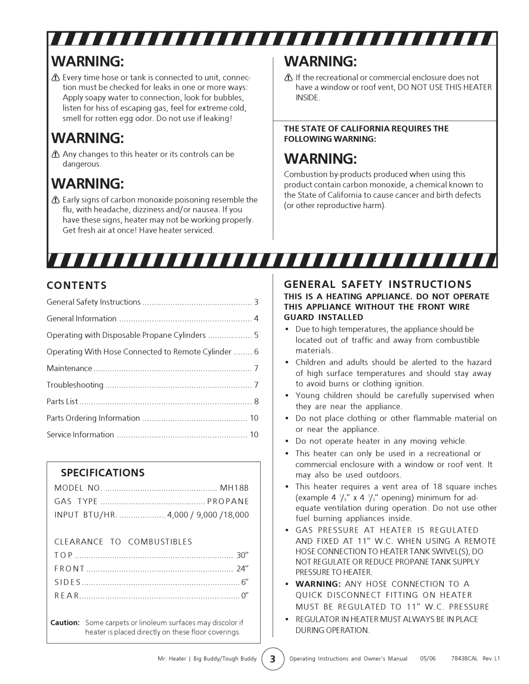 Enerco MH18B operating instructions Contents, Specifications, General Safety Instructions 