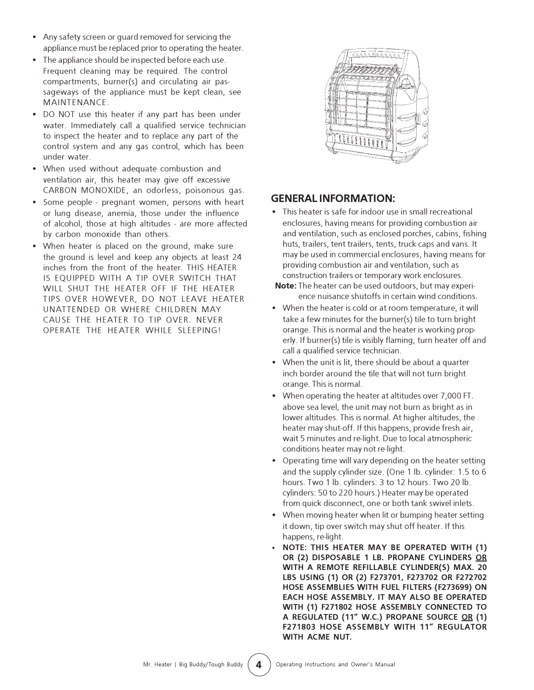 Enerco MH18B operating instructions General Information, Maintenance 