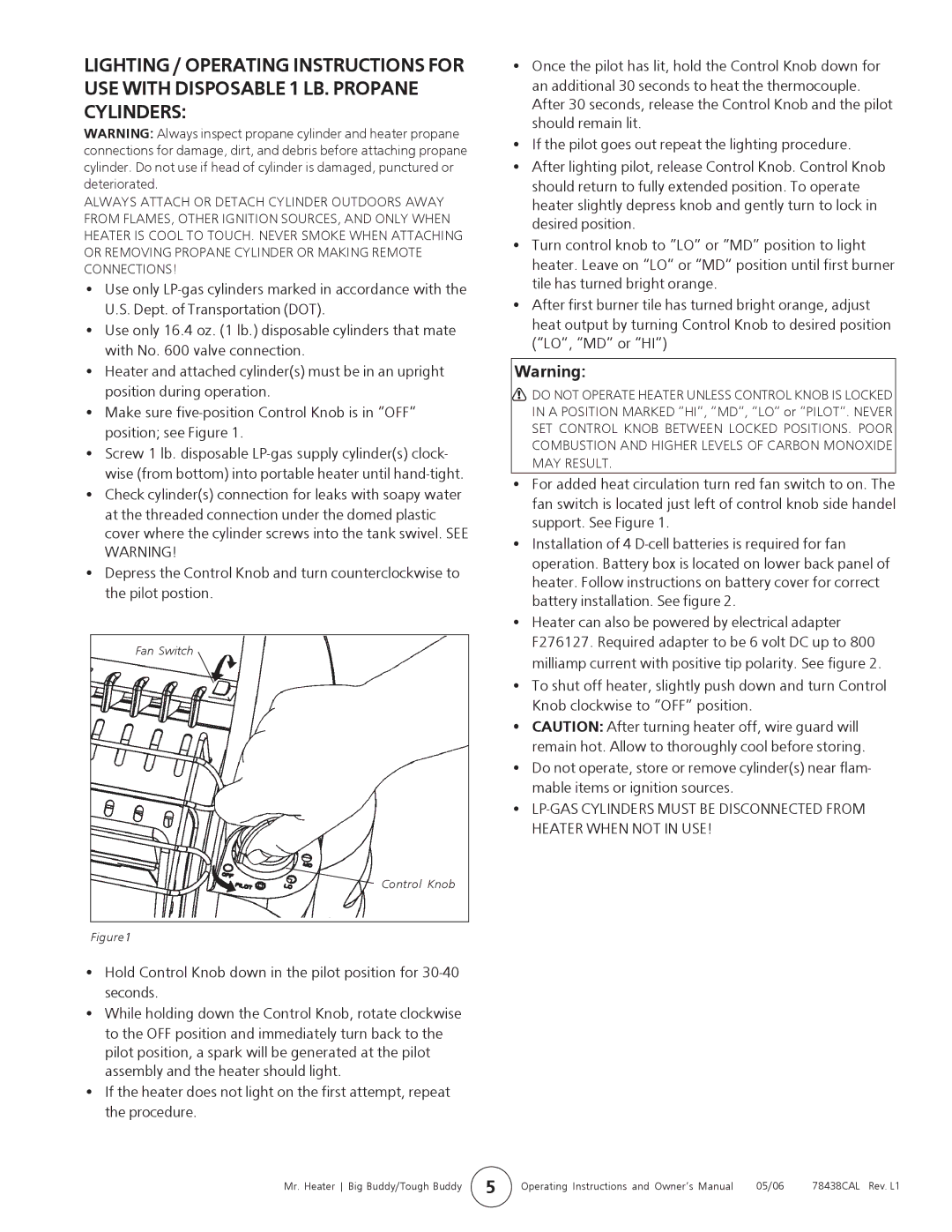 Enerco MH18B operating instructions Fan Switch Control Knob 