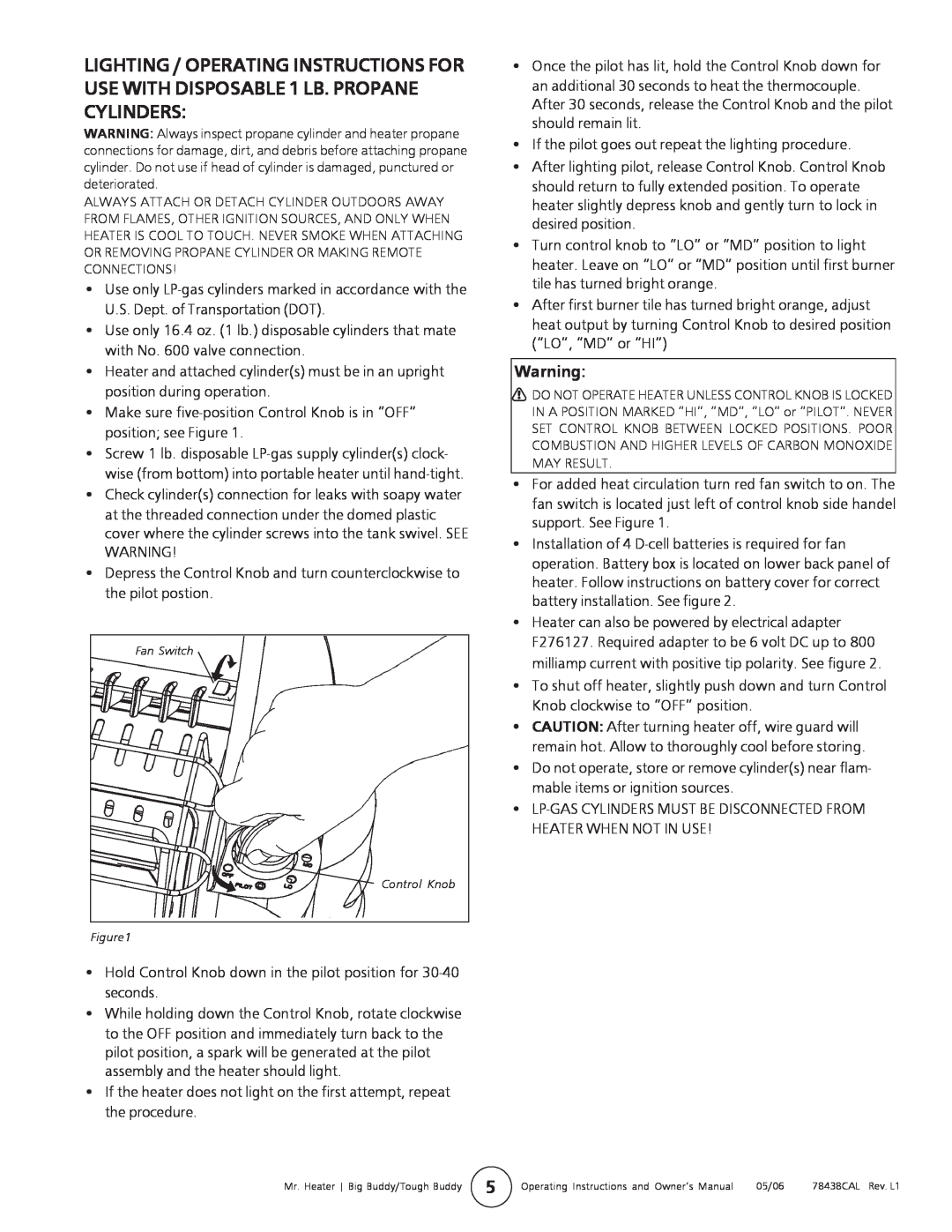 Enerco MH18B operating instructions Fan Switch Control Knob 