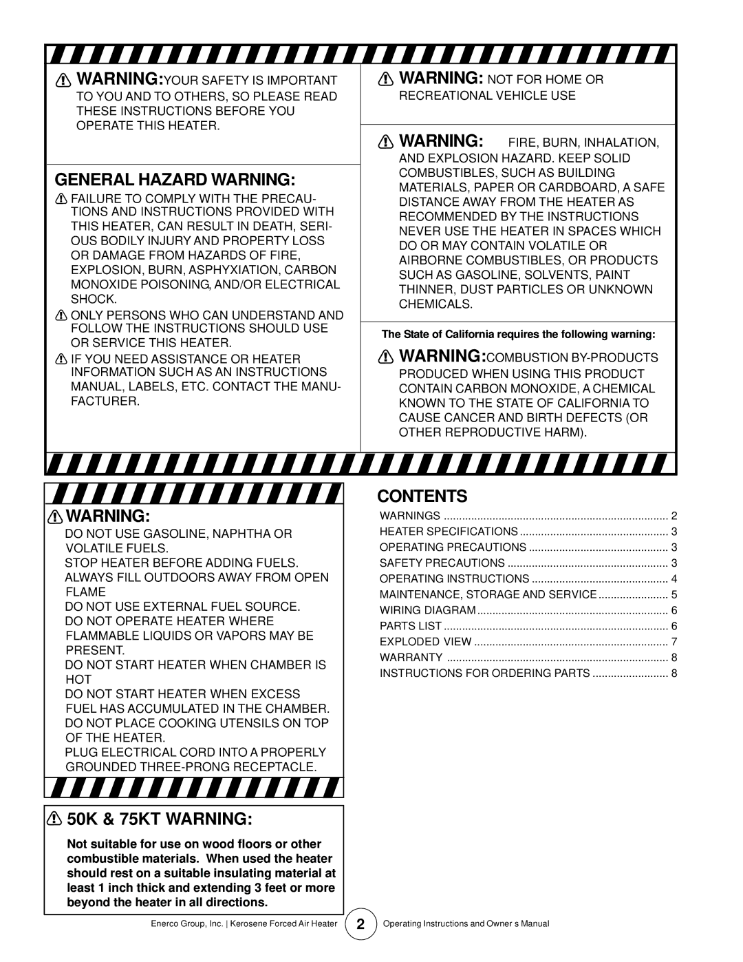 Enerco MH50KT, MH210KT, MH125KT, HS210KT, MH175KT, HS50KT, HS125KT, HS175KT, HS75KT, MH75KT General Hazard Warning, Contents 