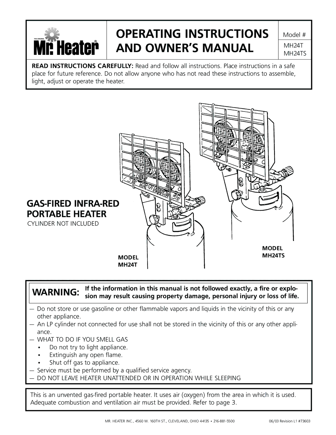 Enerco owner manual MH24T MH24TS, Model MH24T 