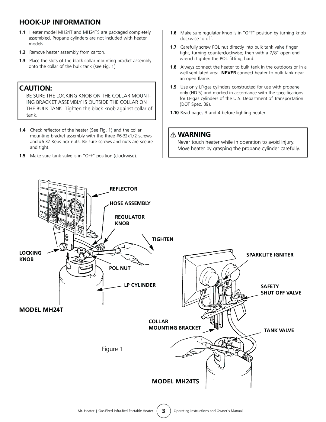 Enerco MH24TS HOOK-UP Information, Reflector Hose Assembly Regulator Knob, Collar Mounting Bracket Tank Valve 