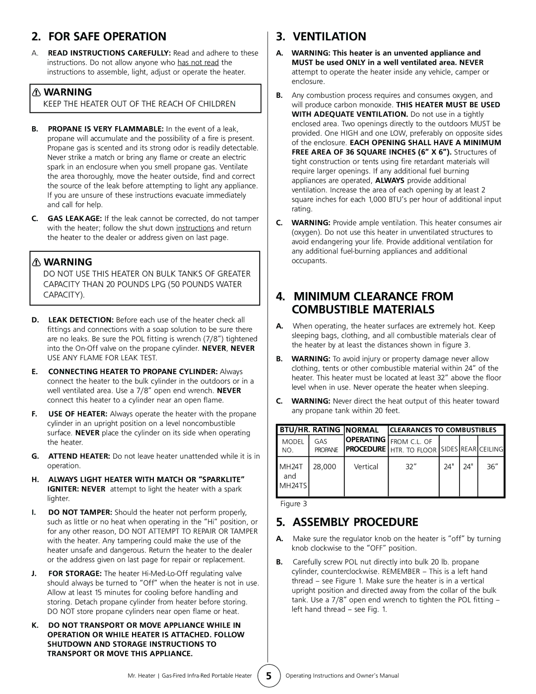 Enerco MH24TS owner manual For Safe Operation, Ventilation, Assembly Procedure, BTU/HR. Rating Normal 