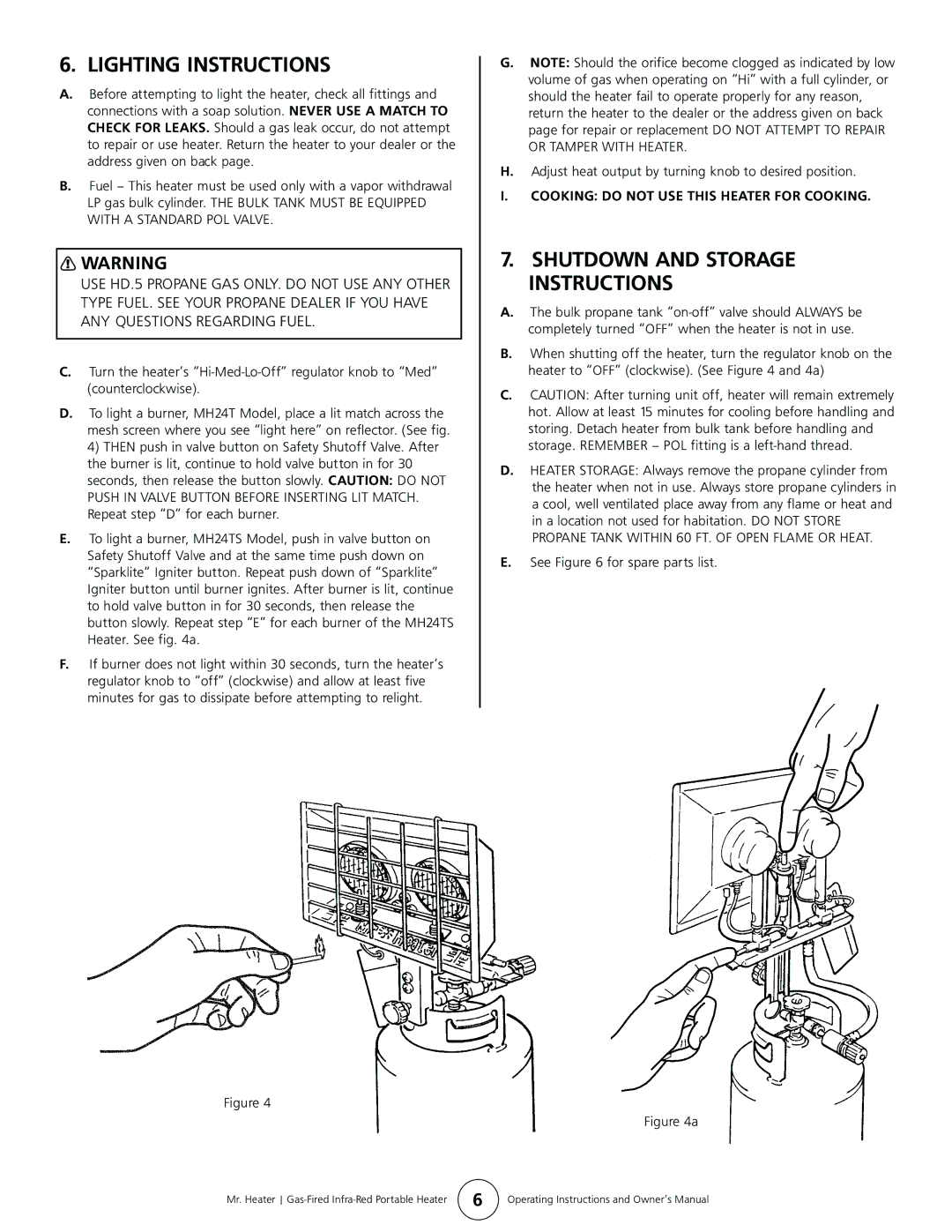 Enerco MH24TS owner manual Lighting Instructions, Cooking do not USE this Heater for Cooking 