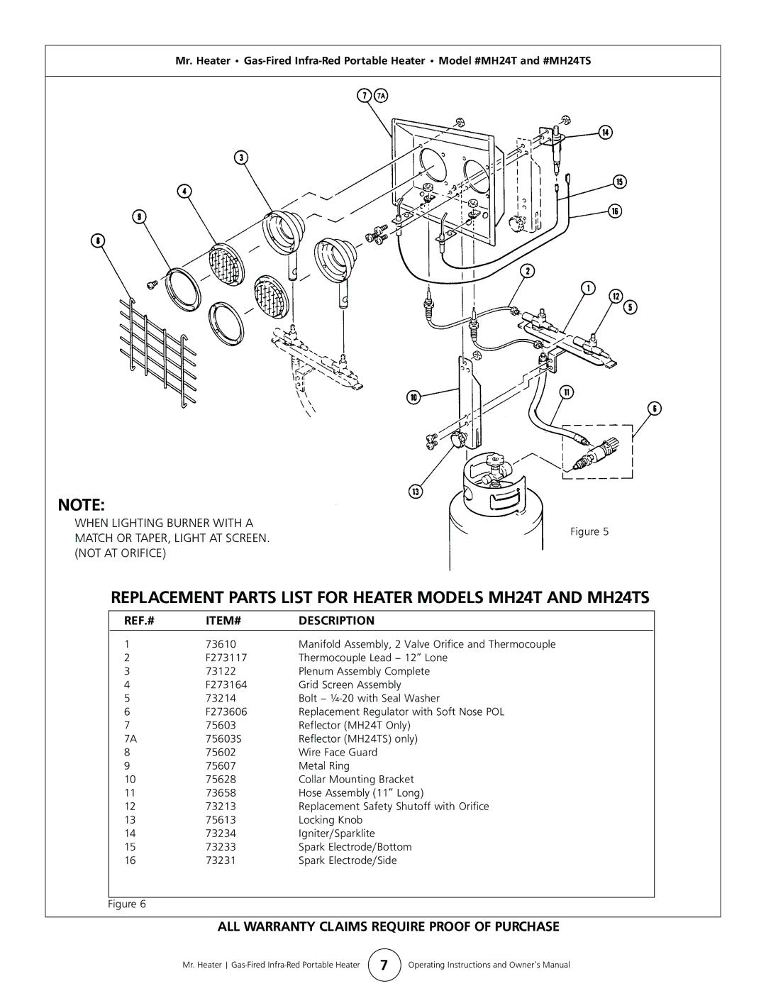 Enerco Replacement Parts List for Heater Models MH24T and MH24TS, ALL Warranty Claims Require Proof of Purchase 