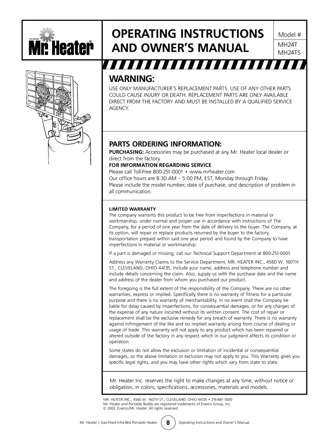 Enerco MH24TS owner manual Parts Ordering Information, For Information Regarding Service, Limited Warranty 