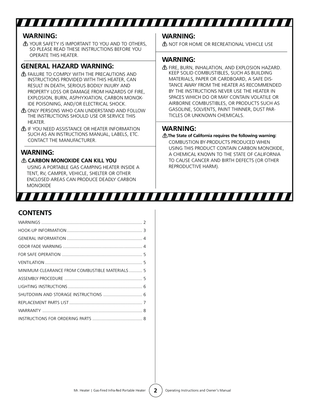 Enerco MH24TS owner manual General Hazard Warning, Contents, Carbon Monoxide Can Kill You 