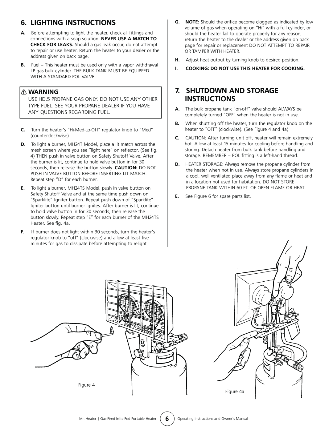 Enerco MH24TS owner manual Lighting Instructions, Shutdown And Storage Instructions 
