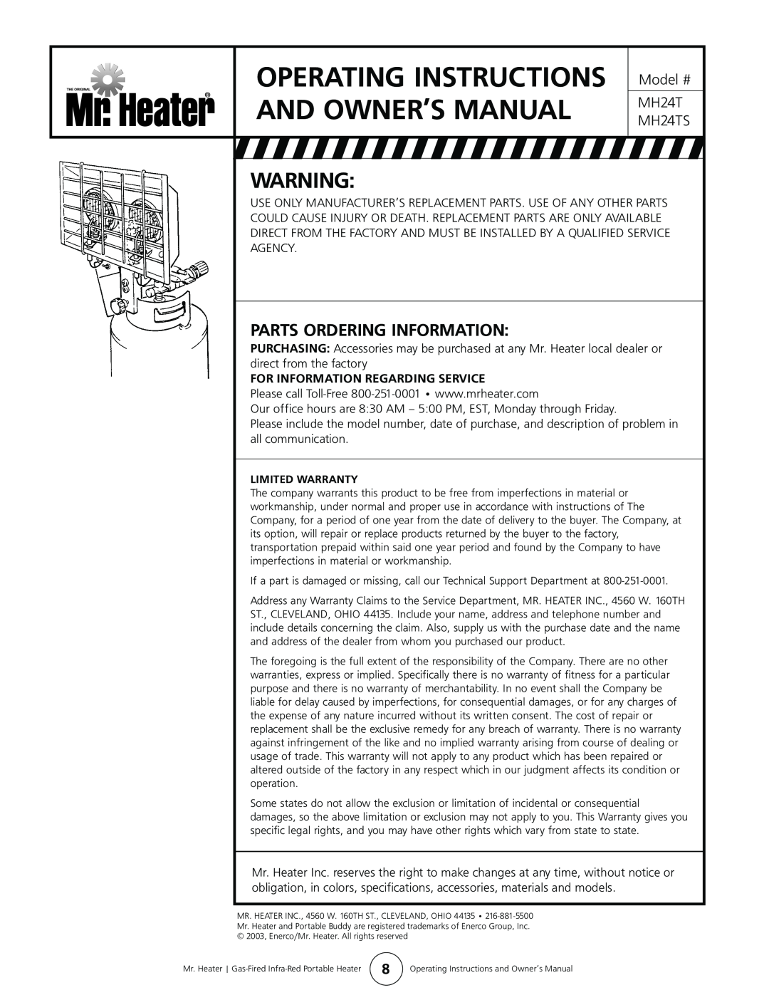Enerco MH24TS owner manual Parts Ordering Information, For Information Regarding Service 