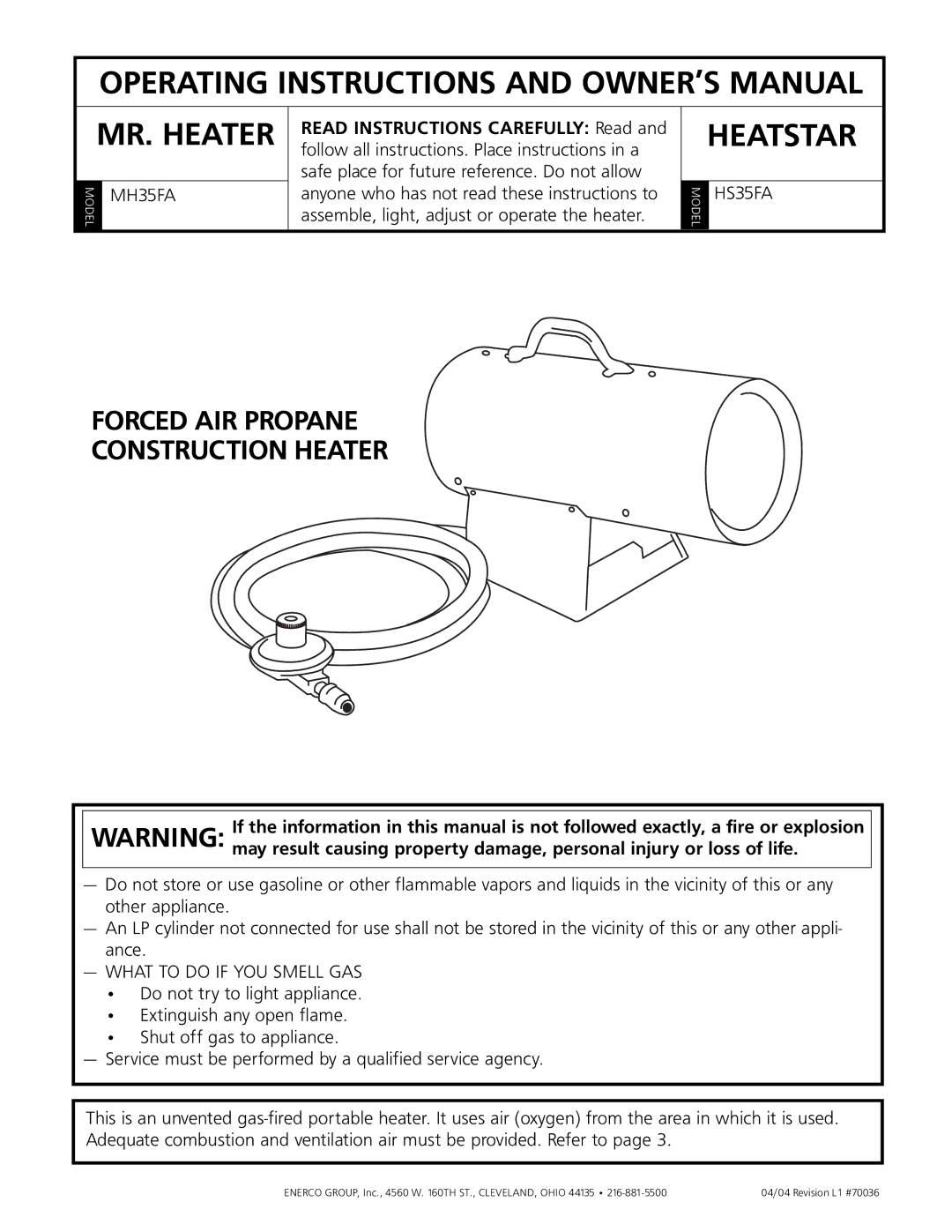 Enerco HS35FA, MH35FA owner manual MR. Heater 