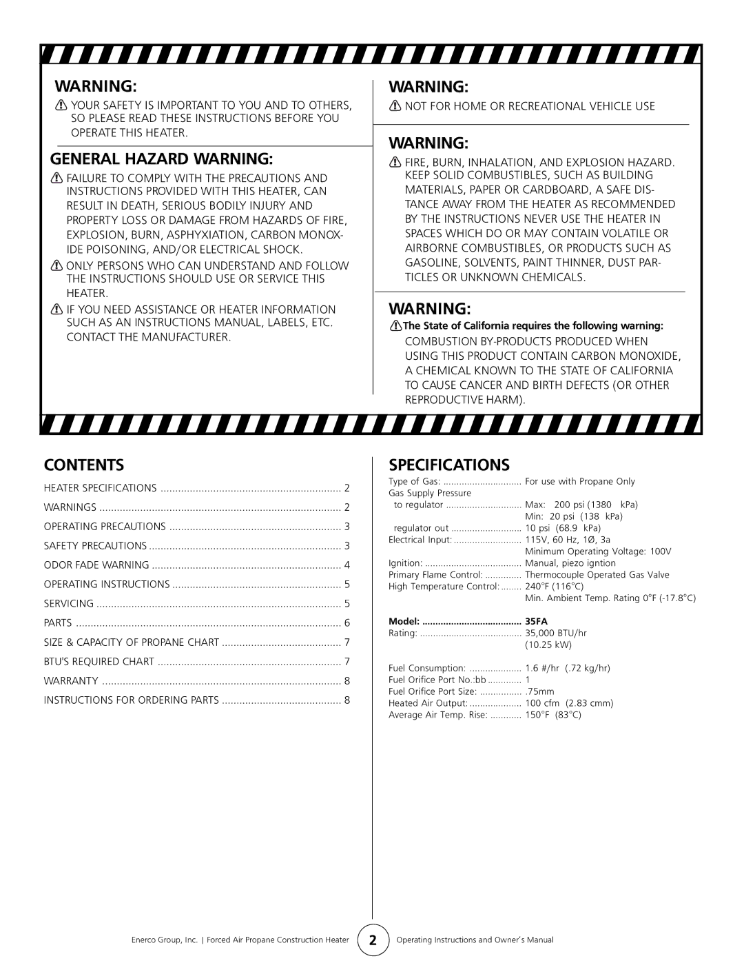 Enerco MH35FA, HS35FA owner manual General Hazard Warning, Contents, Specifications 