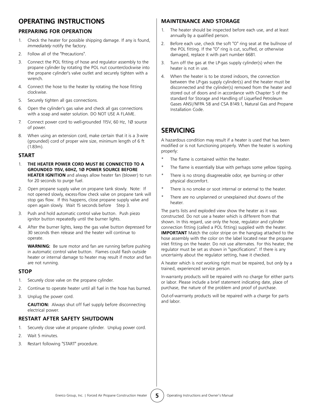 Enerco HS35FA, MH35FA owner manual Operating Instructions, Servicing 