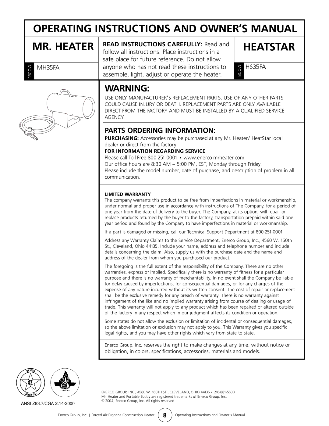 Enerco MH35FA, HS35FA owner manual Parts Ordering Information, Limited Warranty 