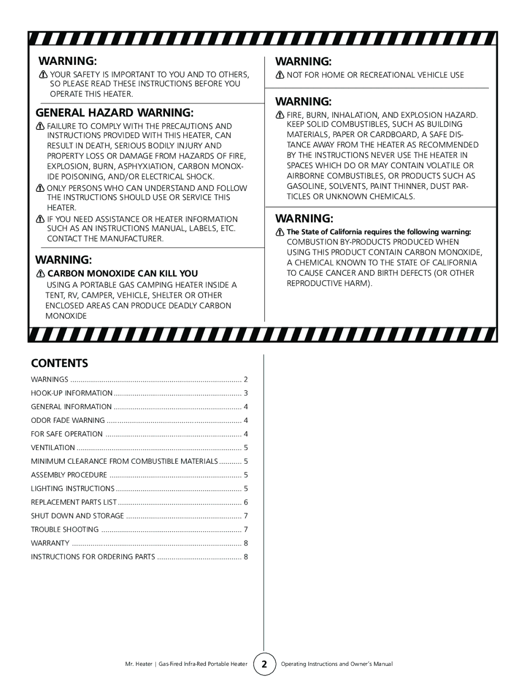 Enerco MH42T operating instructions General Hazard Warning, Contents 