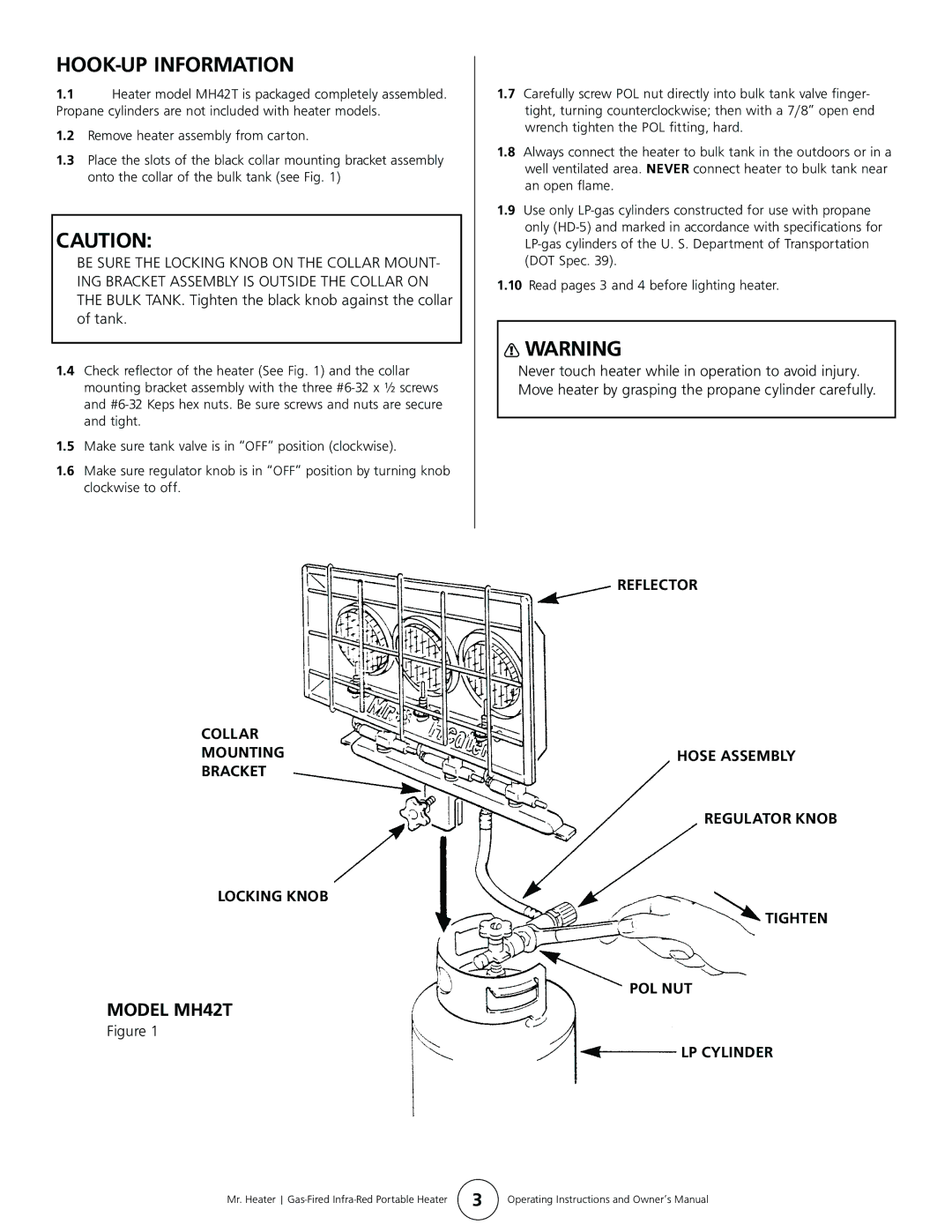 Enerco MH42T operating instructions HOOK-UP Information, LP Cylinder 