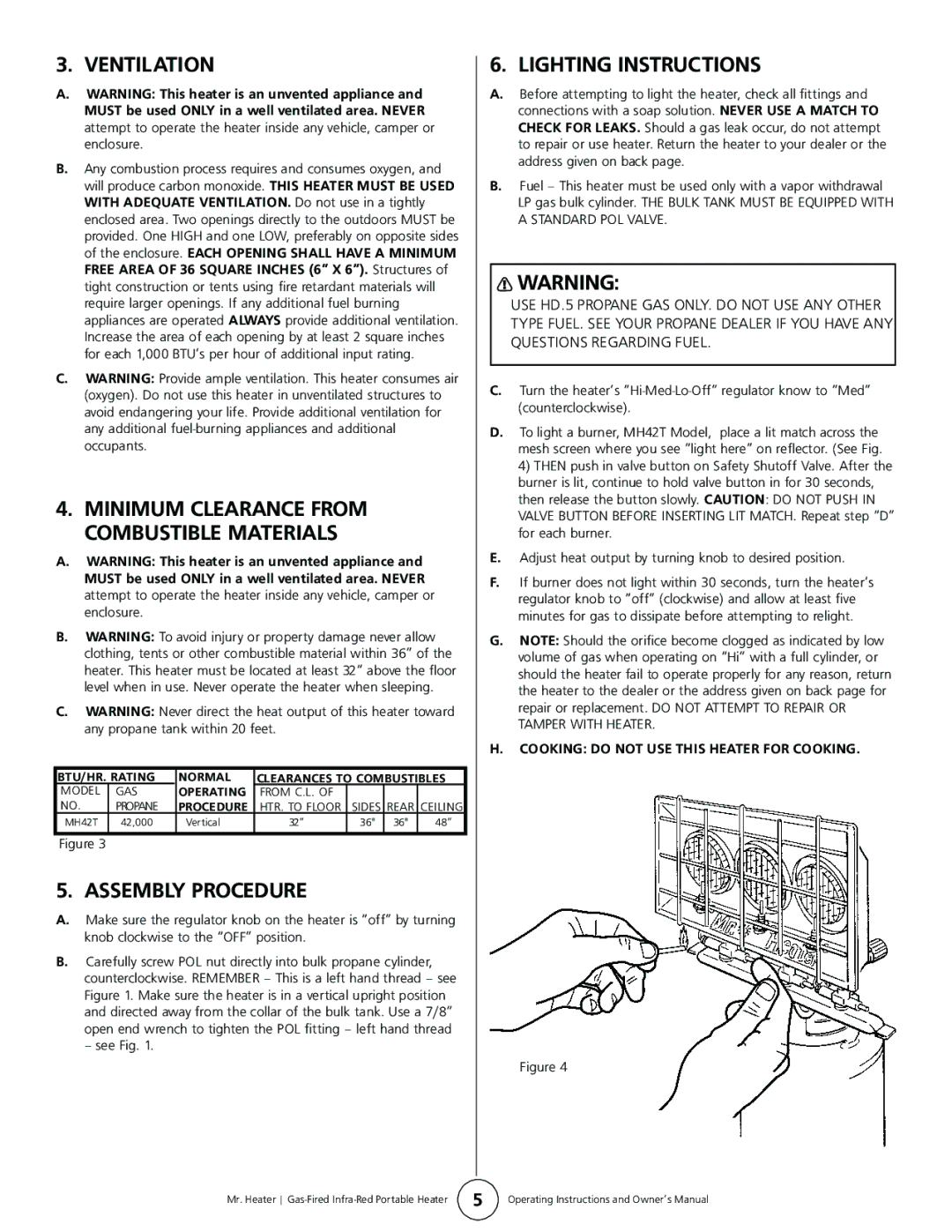 Enerco MH42T Ventilation, Assembly Procedure, Lighting Instructions, Cooking do not USE this Heater for Cooking 