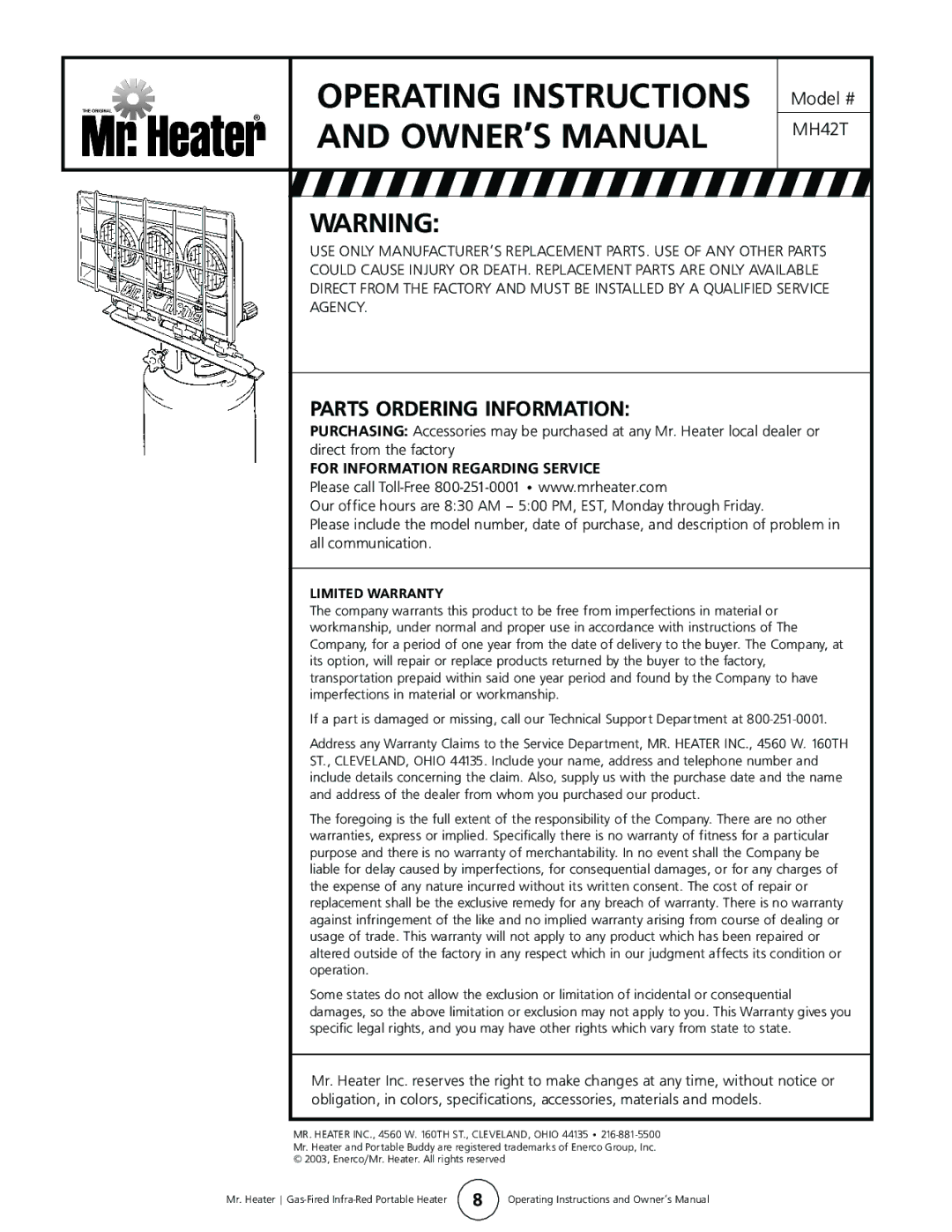 Enerco MH42T operating instructions Parts Ordering Information, For Information Regarding Service, Limited Warranty 