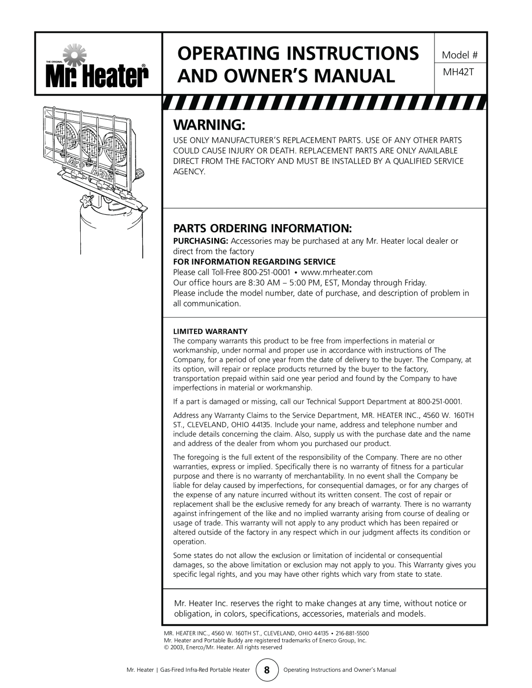 Enerco MH42T operating instructions Parts Ordering Information, For Information Regarding Service 