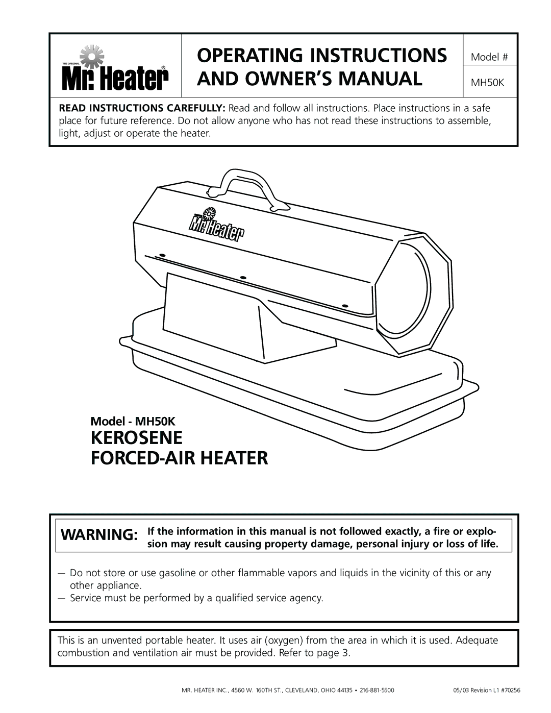 Enerco MH50K operating instructions Kerosene FORCED-AIR Heater 