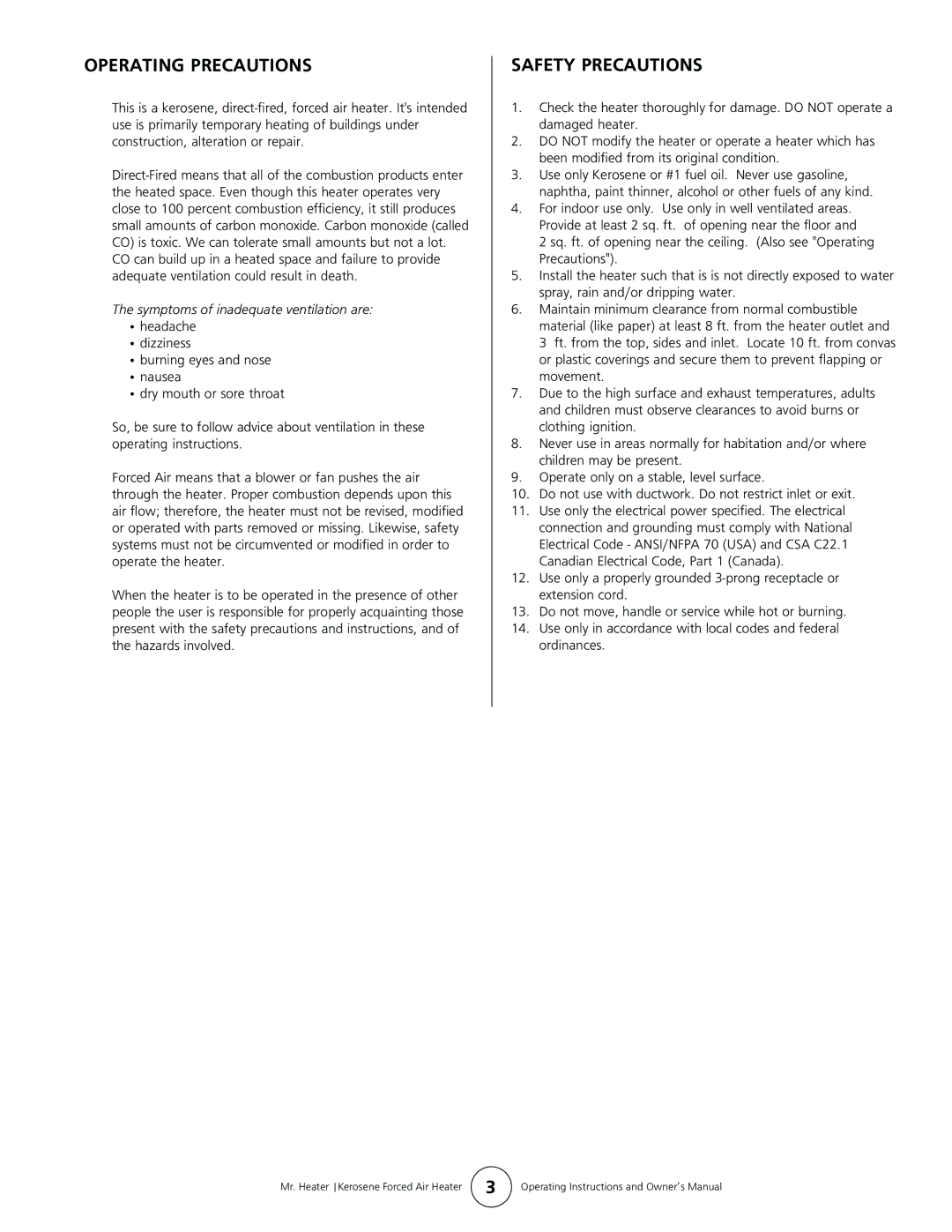 Enerco MH50K operating instructions Operating Precautions, Safety Precautions 