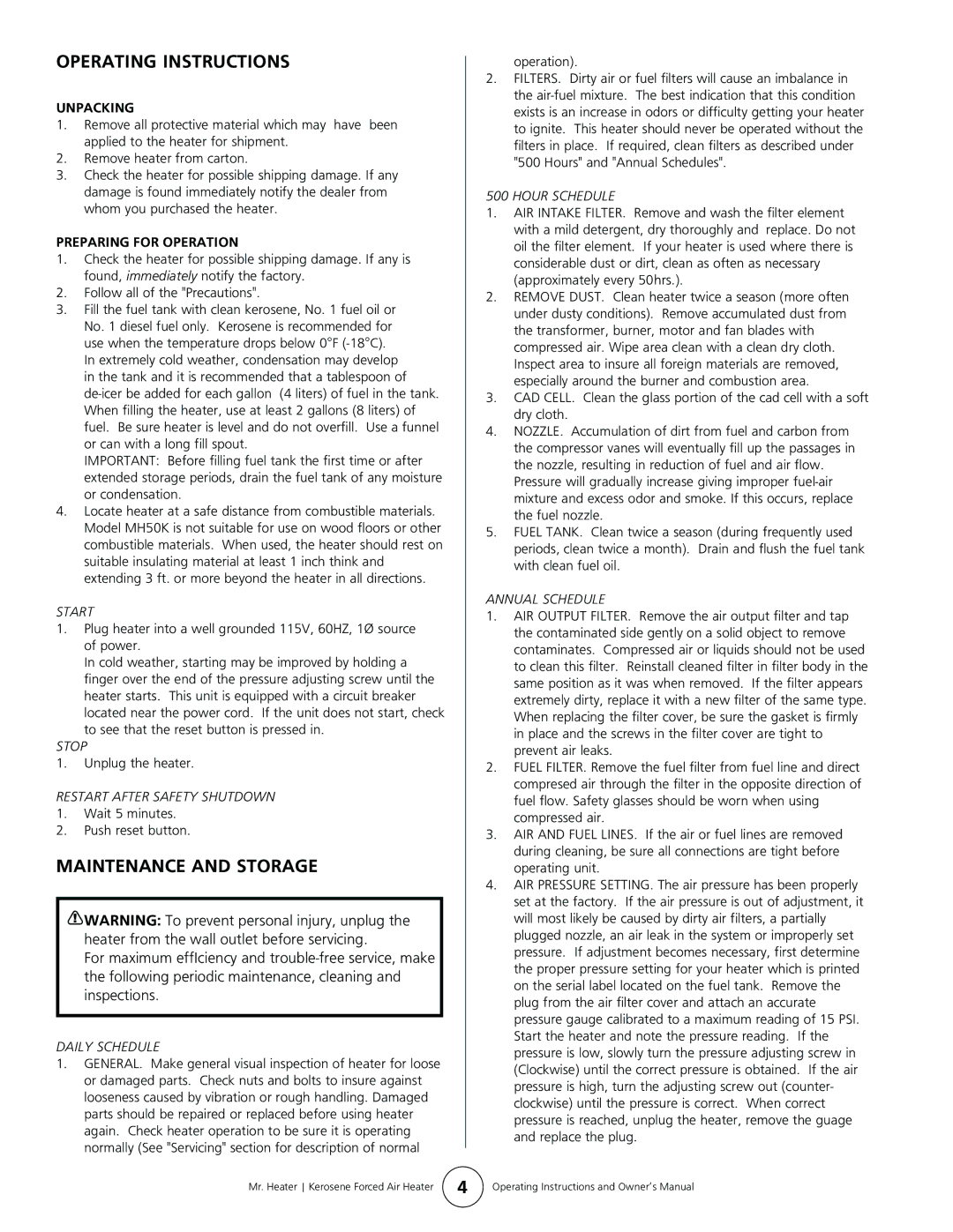 Enerco MH50K operating instructions Operating Instructions, Maintenance and Storage, Unpacking, Preparing for Operation 