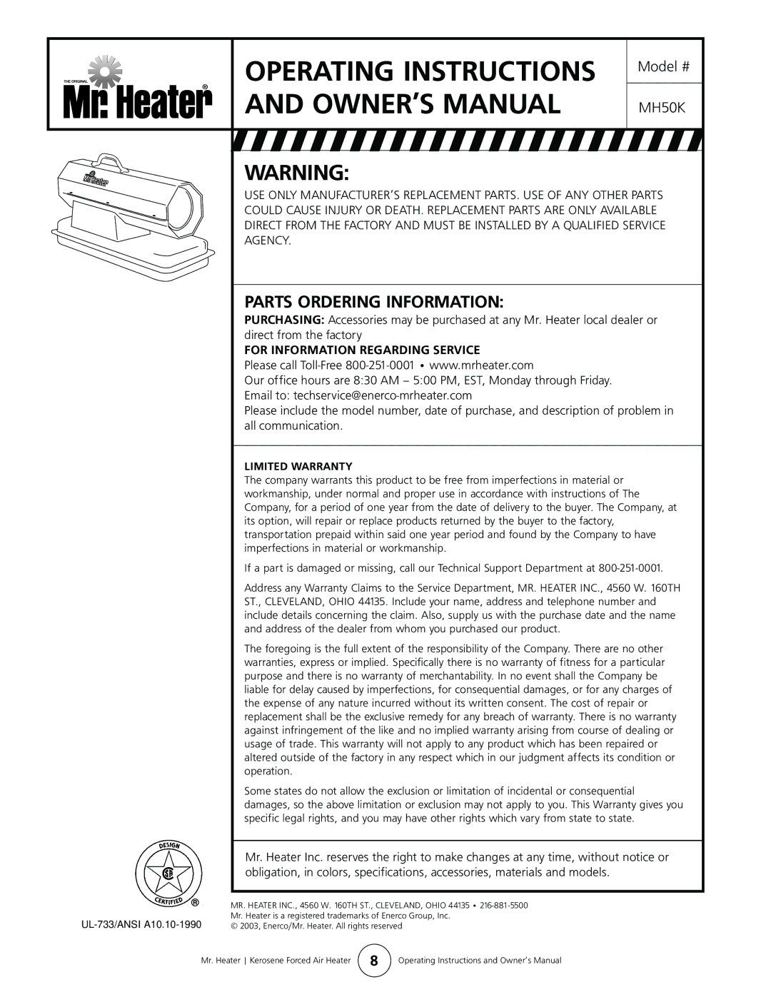 Enerco MH50K operating instructions Parts Ordering Information, Limited Warranty 