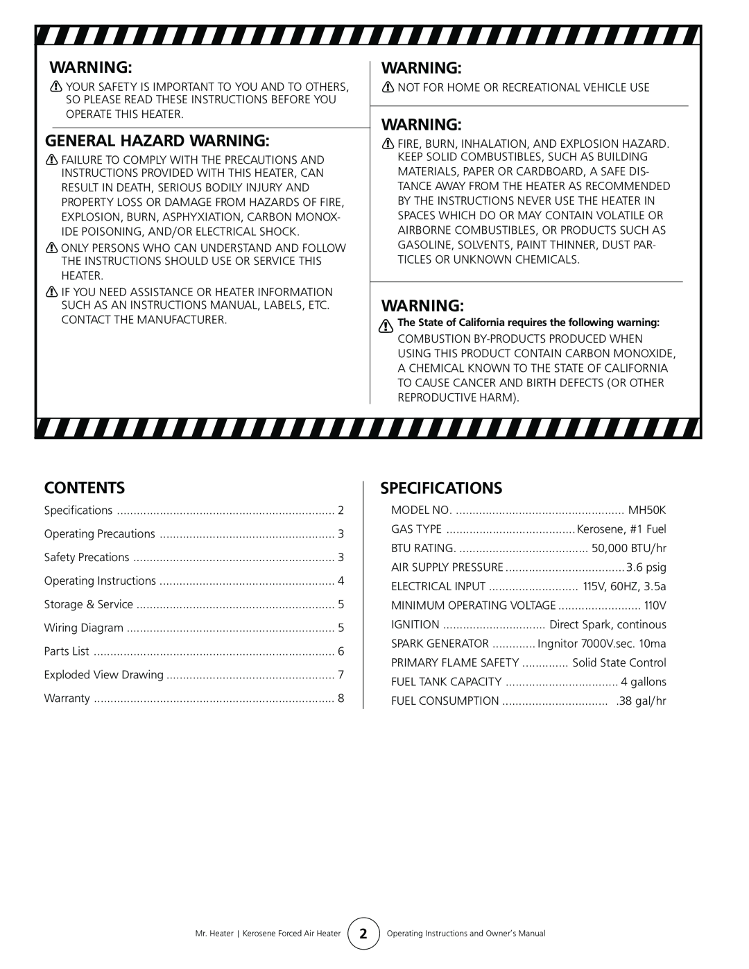 Enerco MH50K operating instructions General Hazard Warning, Contents, Specifications 