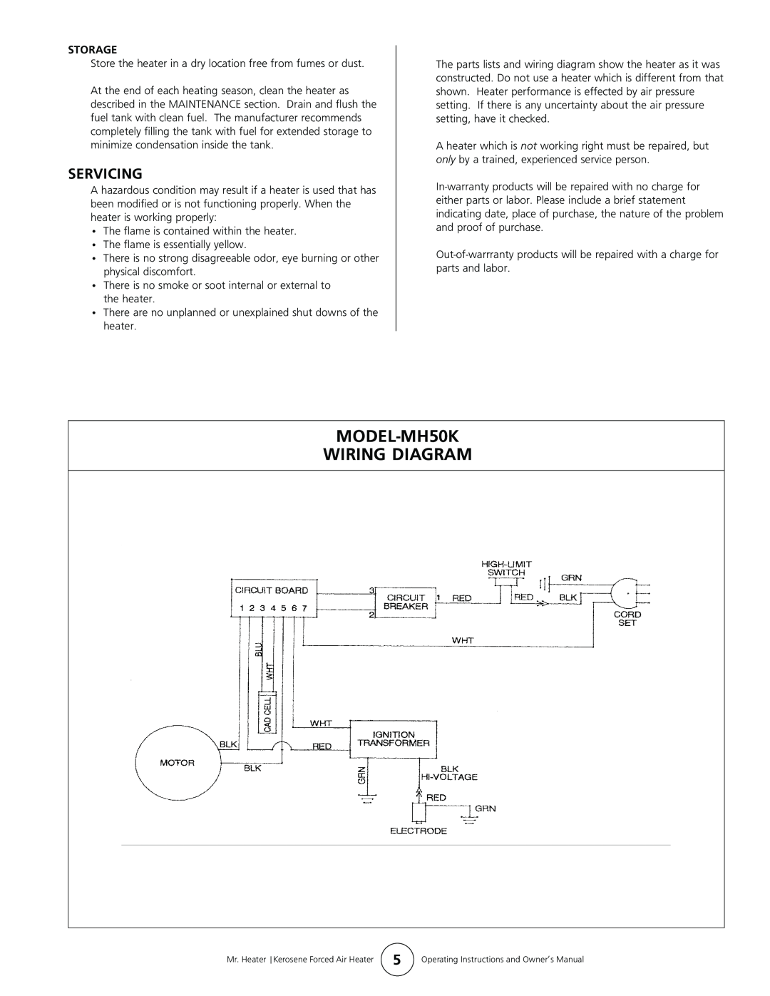 Enerco operating instructions MODEL-MH50K WIRING DIAGRAM, Servicing, Storage 