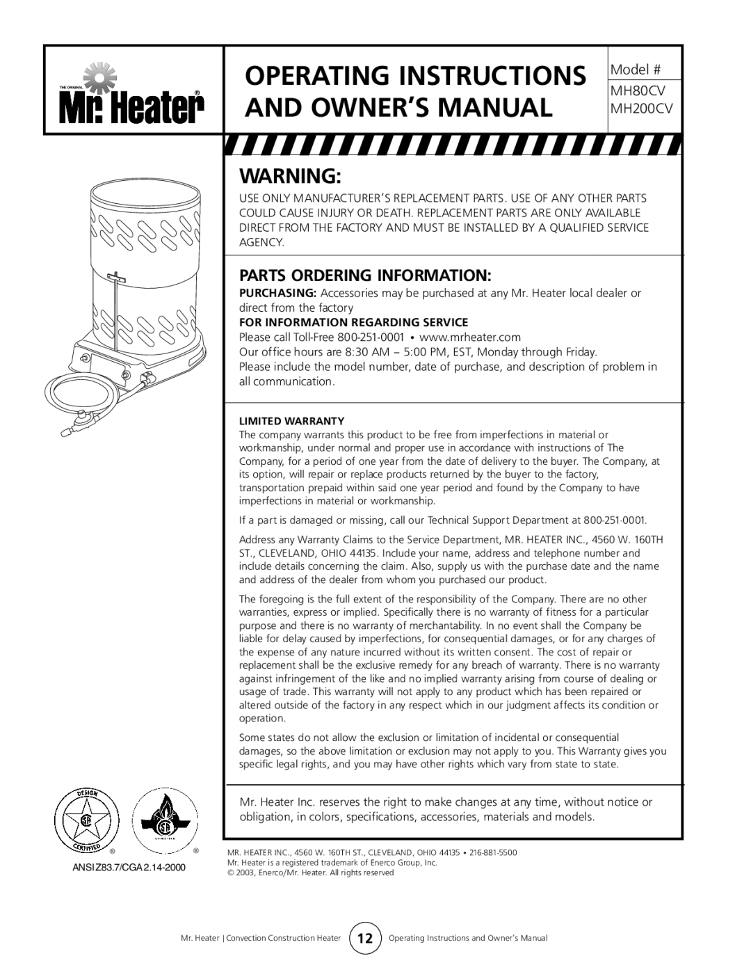 Enerco MH80CV, MH200CV operating instructions Parts Ordering Information, For Information Regarding Service 