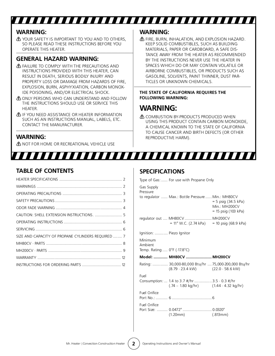 Enerco MH80CV, MH200CV operating instructions General Hazard Warning, Table of Contents, Specifications 