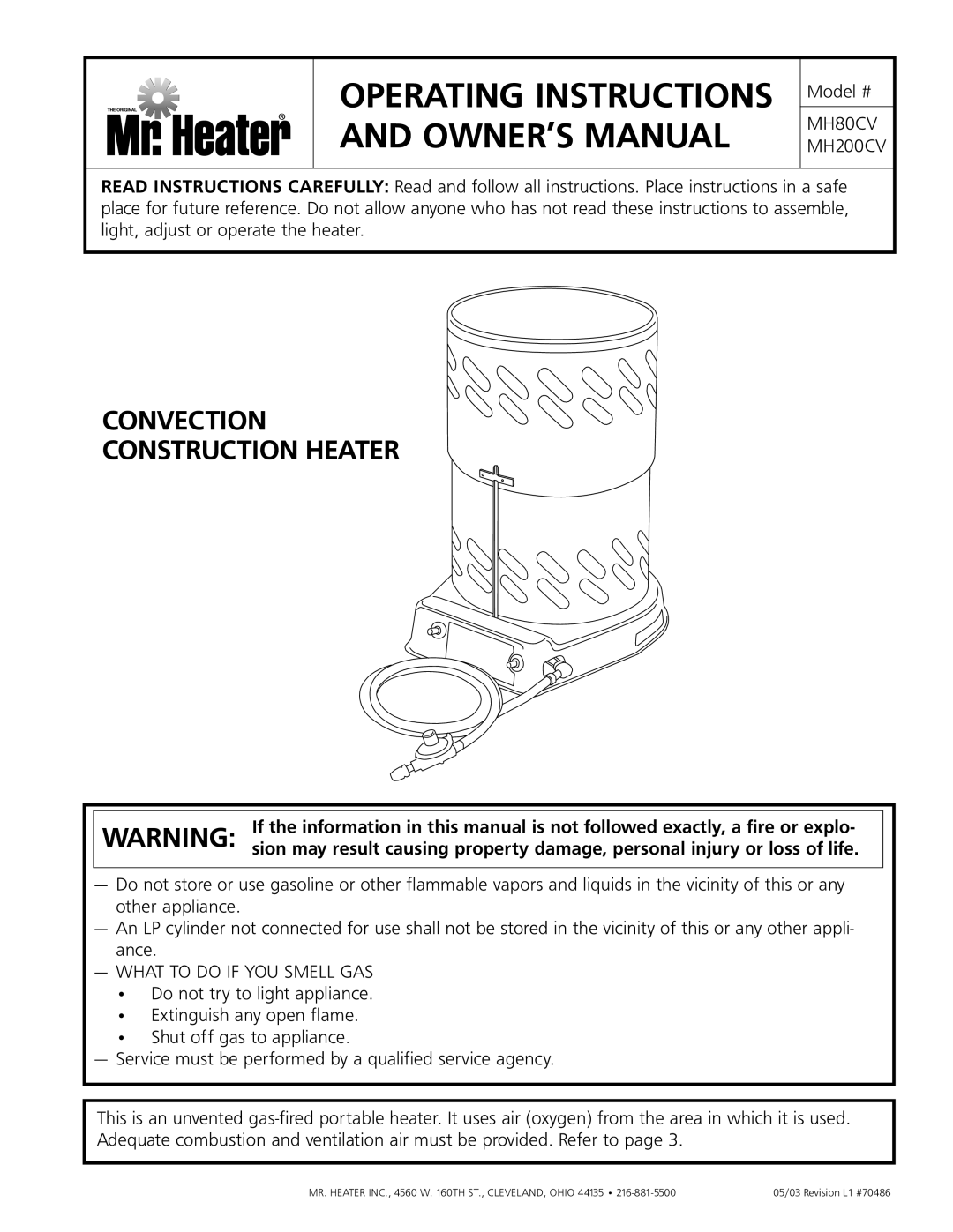 Enerco MH200CV, MH80CV operating instructions Convection Construction Heater 