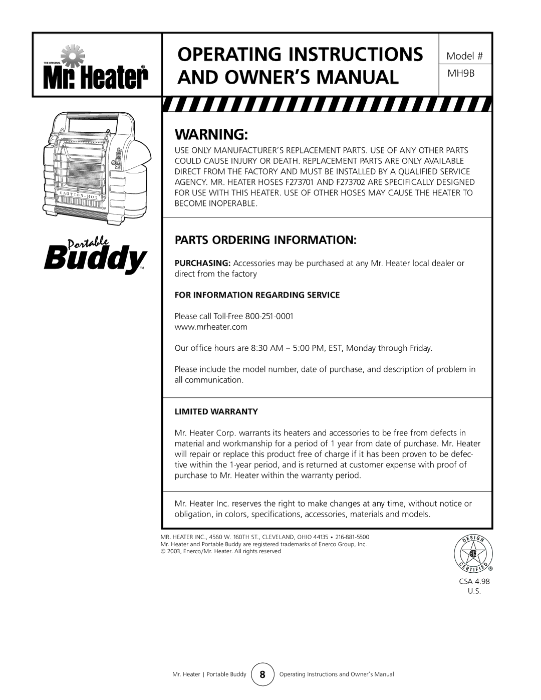 Enerco MH9B owner manual Parts Ordering Information, For Information Regarding Service, Limited Warranty 