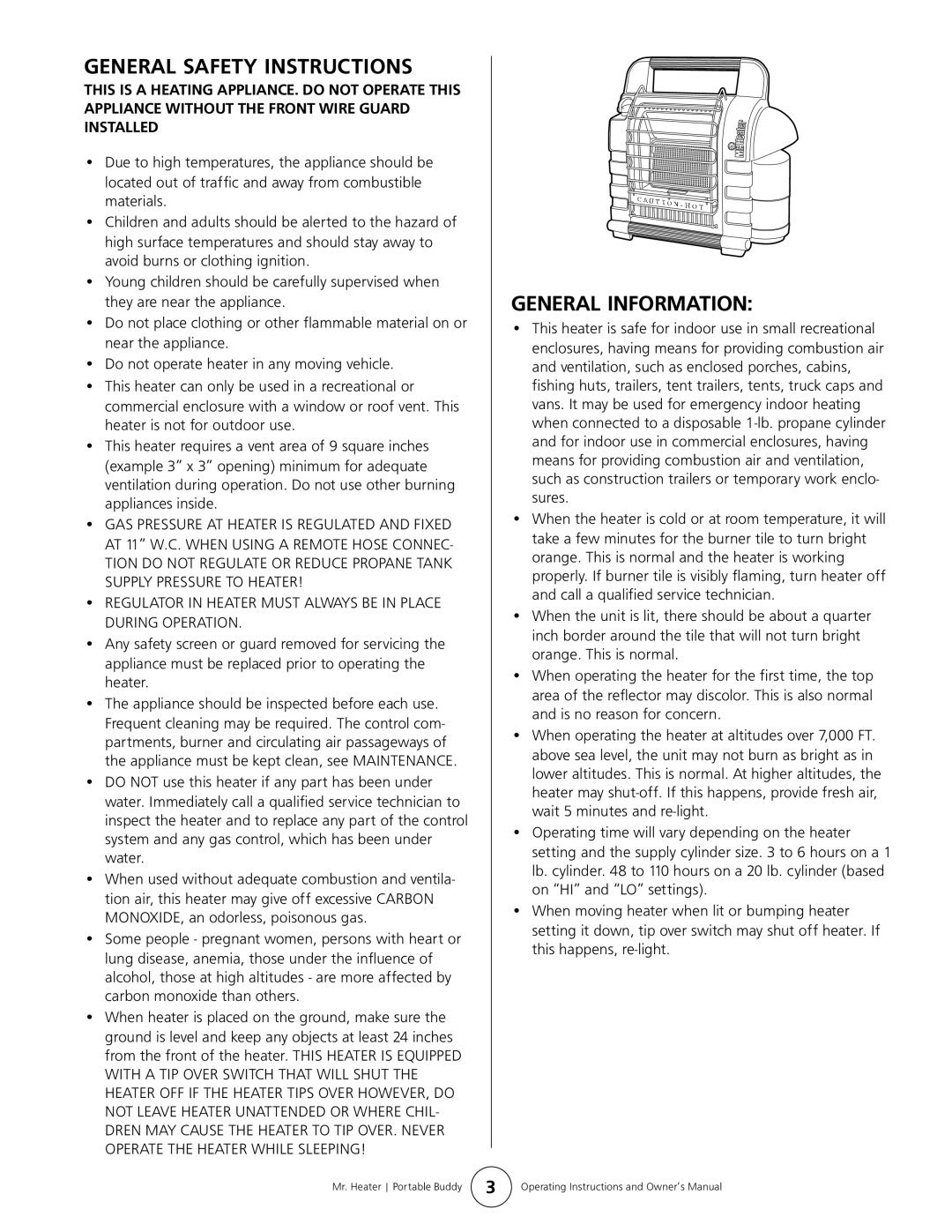 Enerco MH9B owner manual General Safety Instructions, General Information 